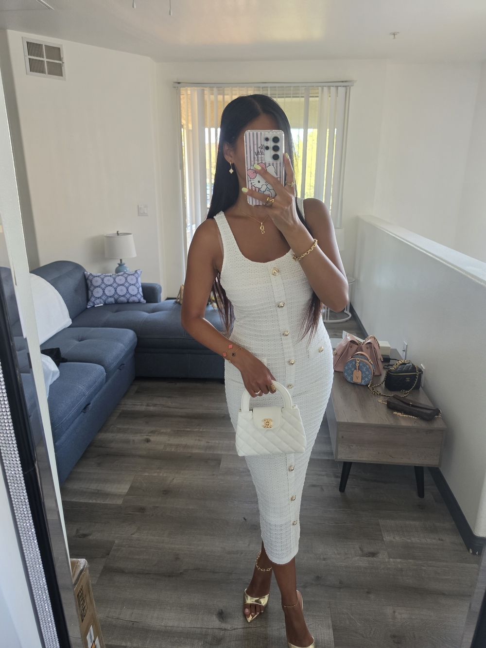 Classic White Button-Front Tweed Midi Dress - Picture 4 of 16